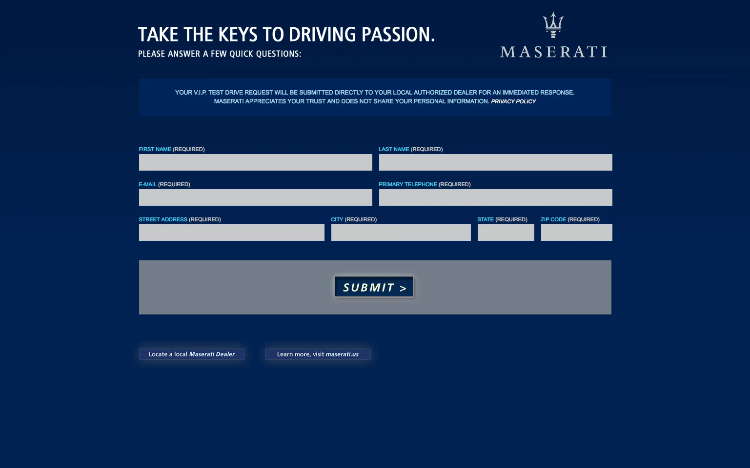Maserati - Concierge V.I.P. test drive request